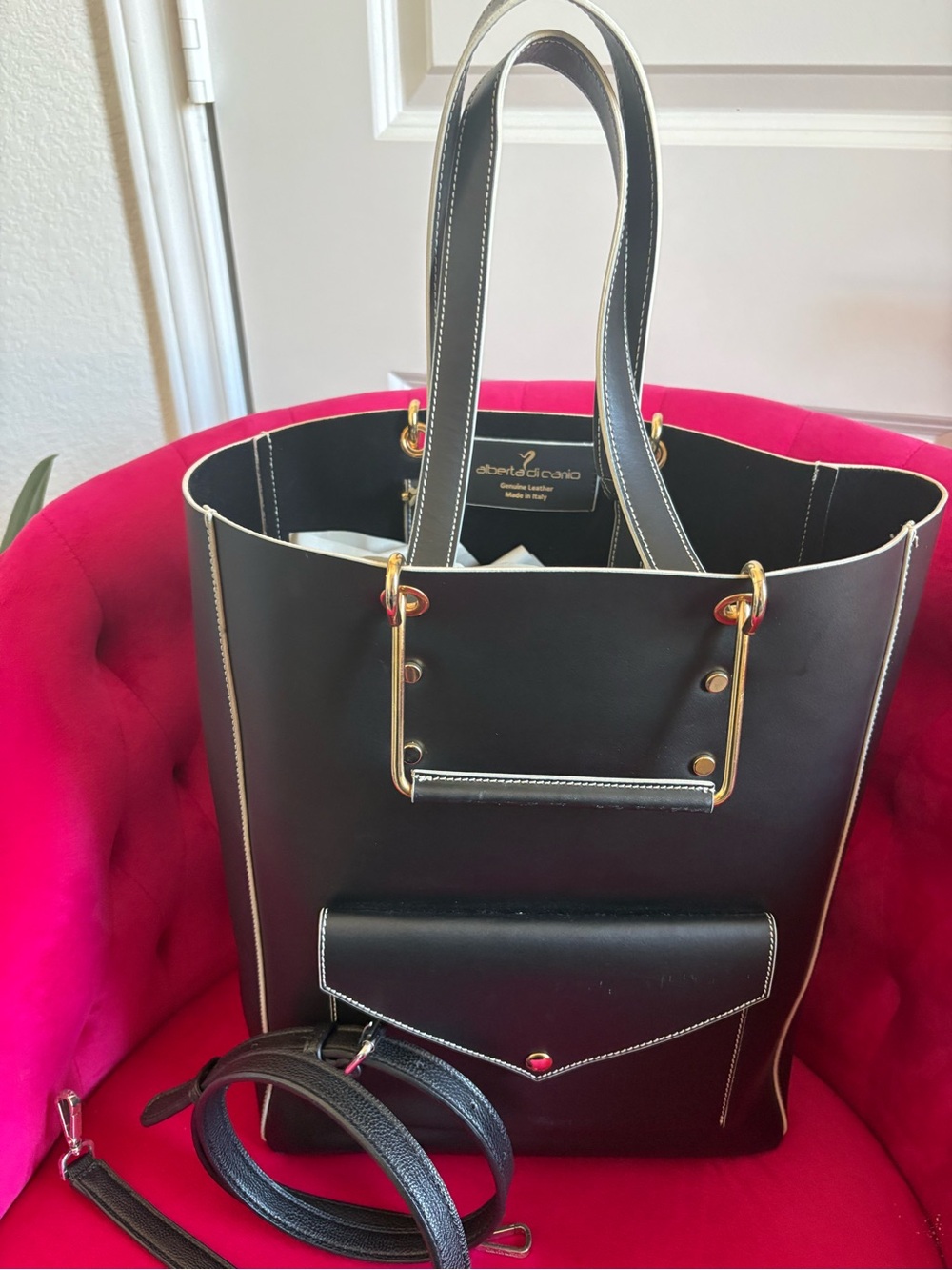 Alberta Di Canio Black Leather Tote with Gold Hardware